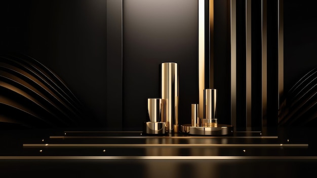 Fundo de luxo preto com formas 3d e elementos de ouro
