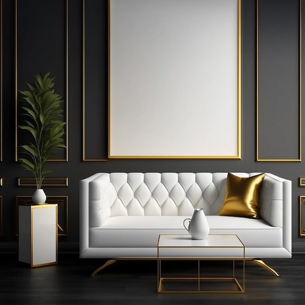 Fundo de luxo Sofá branco com almofadas douradas e uma almofada dourada sobre ela