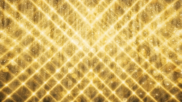 Fundo de luzes de brilho e reflexão de ouro para publicidade em cenários de festa de moda e luxo