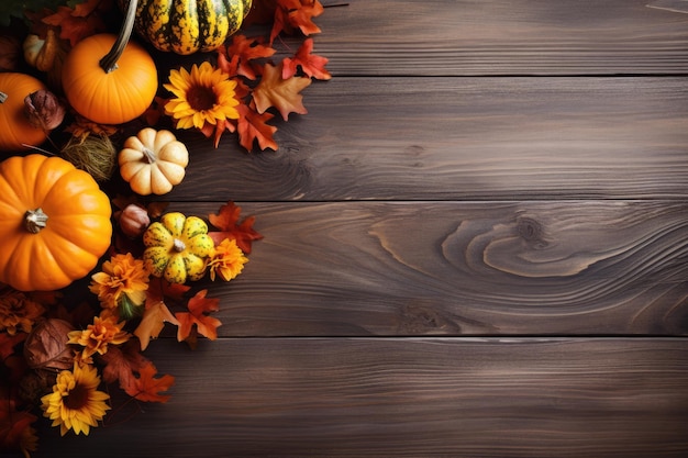 Fundo de madeira adornado com flores de abóboras decoração e espaço de texto ideal para o Dia de Ação de Graças e Halloween