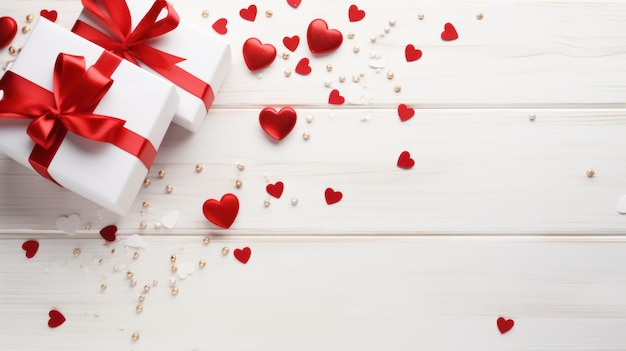Fundo de madeira branco de alto ângulo com corações vermelhos com presentes conceito de Dia dos Namorados