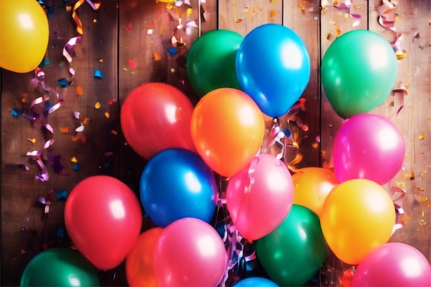 Fundo de madeira coberto de balões vibrantes e confetes para uma celebração