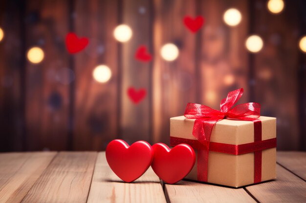 Fundo de madeira com caixa de presente e corações vermelhos para o dia de São Valentim Imagem brilhante
