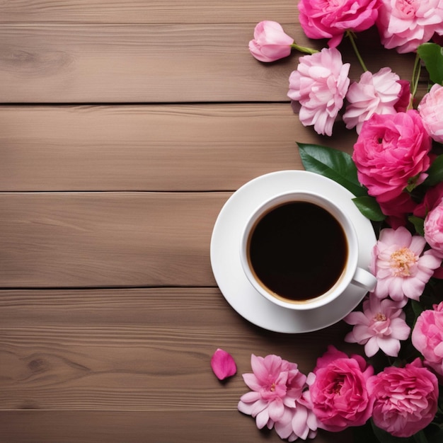 fundo de madeira com flores rosas e uma xícara de café
