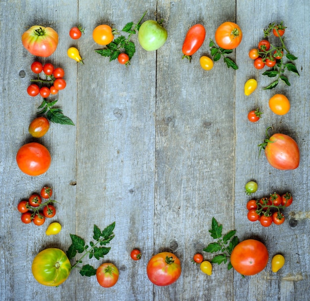 Fundo de madeira com moldura de tomates vermelhos frescos e maduros