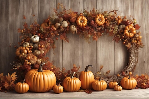 Fundo de madeira de Halloween com abóbora com flor de outono