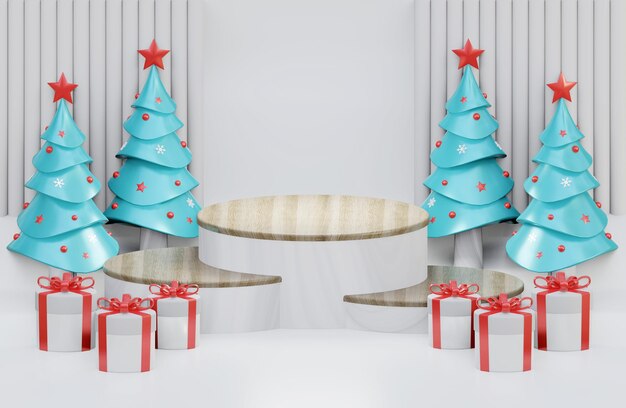 Fundo de madeira de Natal pódio com forma geométrica com pinheiro e caixa de presente ilustração 3D