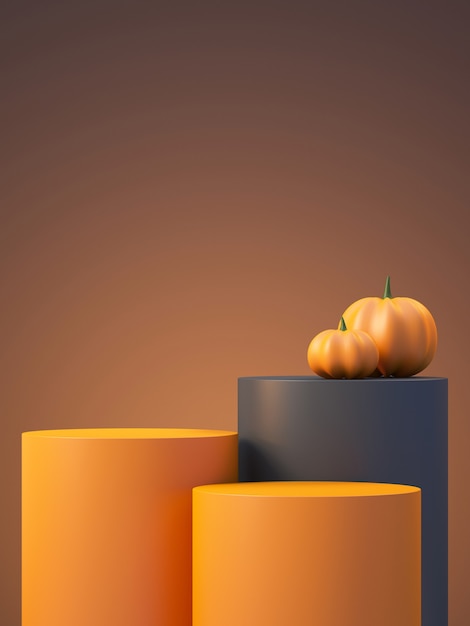 Fundo de maquete de produto de Halloween com exibição de pódio de produto laranja 3D e abóbora, ilustração de renderização 3D