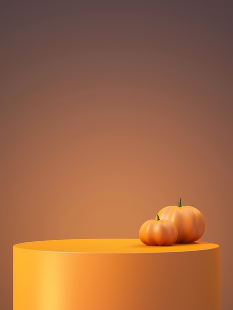 Fundo de maquete de produto de halloween com exibição de pódio de produto laranja 3d e abóbora, ilustração de renderização 3d