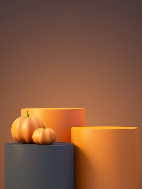 Foto fundo de maquete de produto de halloween com exibição de pódio de produto laranja 3d e abóbora, ilustração de renderização 3d