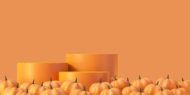 Fundo de maquete de produto de Halloween com exibição de pódio de produto laranja 3D e abóbora, ilustração de renderização 3D