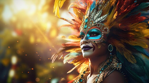 Fundo de Mardi gras com Brasil carnaval mulher vestida brilhantemente e espaço de cópia AI Conteúdo gerado