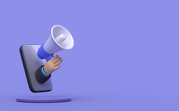 fundo de megafone 3d em muito peri mão fora de conceito de publicidade de telefone