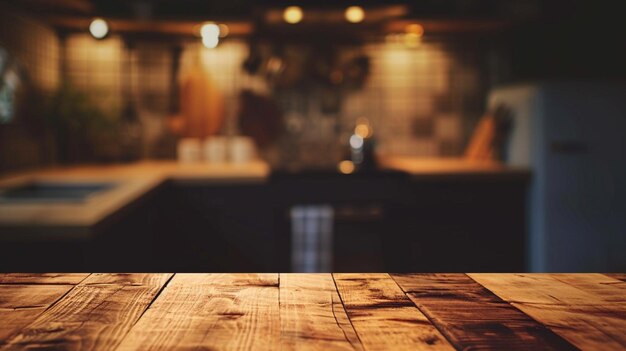 fundo de mesa de madeira com espaço livre para sua decoração e desfocado de cozinha Ai Generative