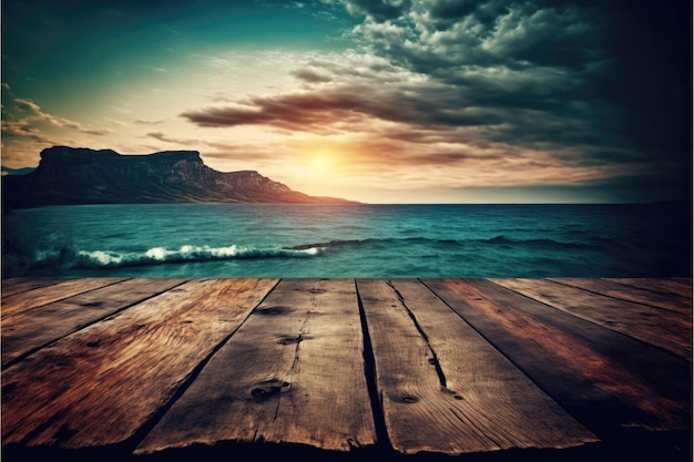 Fundo de mesa de madeira com paisagem de mar