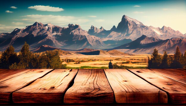 Fundo de mesa de madeira com paisagem de montanhas e vida selvagem Mesa de madeira vazia rústica para exibição de produtos e mercadorias IA generativa