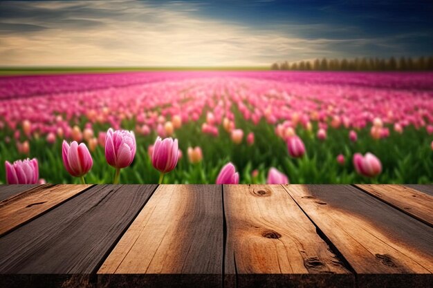 Fundo de mesa de madeira em campos de tulipas rosa borrão Generative AI AIG15