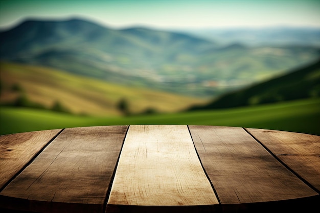 Fundo de mesa de madeira em uma montanha de colinas verdes desfocadas Generative AI AIG15