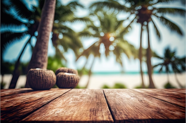 Fundo de mesa de madeira em uma praia de palmeiras de coco desfocada Generative AI AIG15