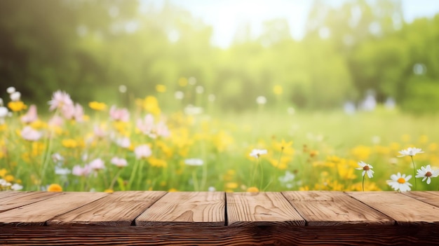 Fundo de mesa de madeira no prado ensolarado com vista desfocada de flores silvestres IA gerada