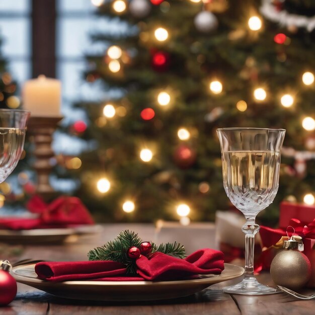 Fundo de mesa de Natal vazio com árvore de Natal fora de foco para montagem de exibição de produtos