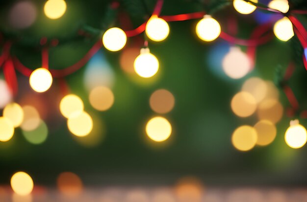 Foto fundo de mesa de natal vazio com árvore de natal fora de foco para montagem de exibição de produtos