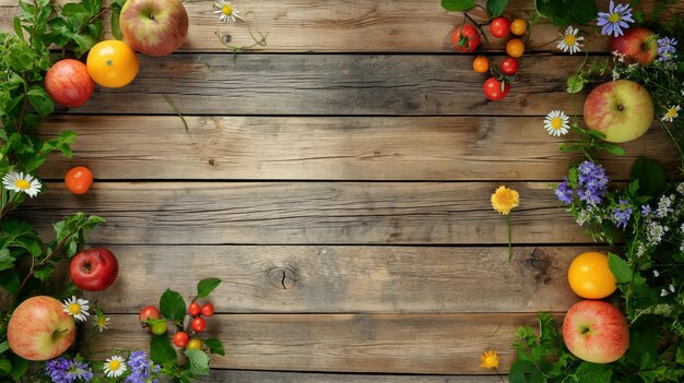 fundo de mesa flatlay de madeira rústica com um tema de abundância de verão muitas lâminas de madeira