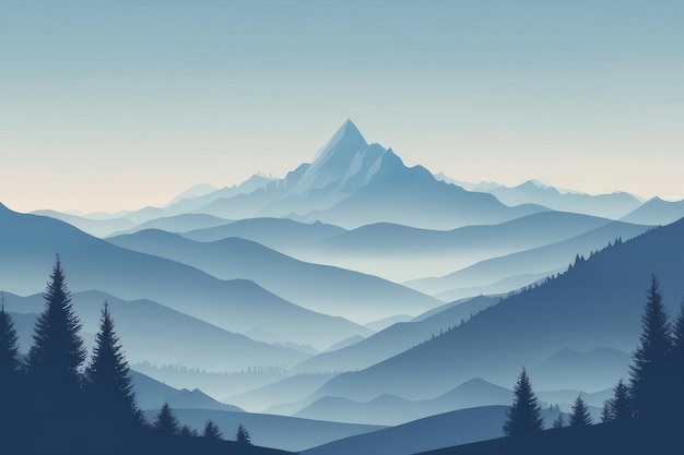 Fundo de montanhas enevoadas em tom azul