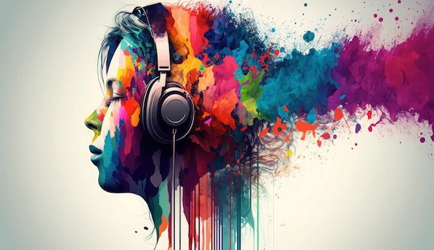Fundo de música criativa Cabeça colorida usando fones de ouvido em fundo brilhante