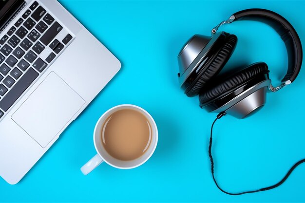 Fundo de música ou podcast com dispositivos eletrônicos, fones de ouvido, café e laptop na mesa de escritório