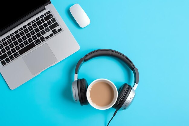 Fundo de música ou podcast com dispositivos eletrônicos, fones de ouvido, café e laptop na mesa de escritório