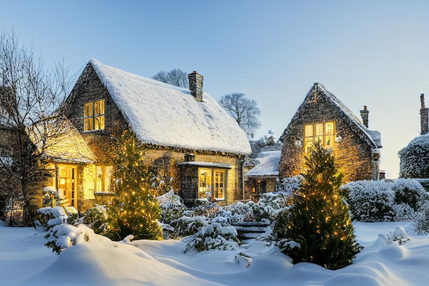 Fundo de Natal aconchegante com casa de campo inglesa na vila nevada, clima ensolarado, neve matinal na grande árvore de Natal ao lado da casa, cartão de felicitações