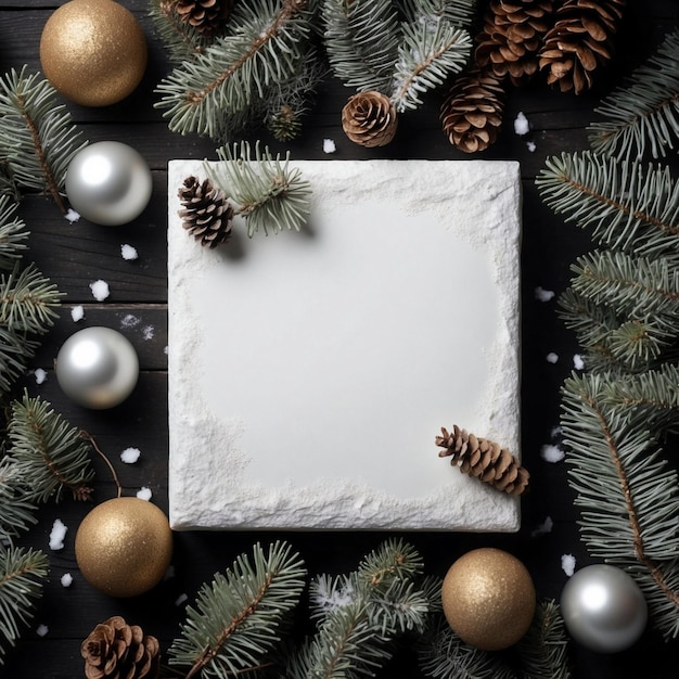 Foto fundo de natal branca de abeto de neve caixa de presentes e decorações em mesa preta com quadrado branco