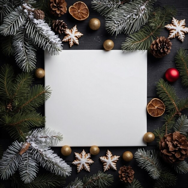 Foto fundo de natal branca de abeto de neve caixa de presentes e decorações em mesa preta com quadrado branco