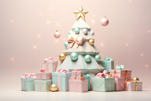 Fundo de Natal com abeto e presentes em cores pastel suaves Natal de férias em estilo 3D