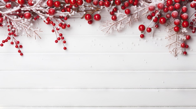 Fundo de Natal com bagas vermelhas e neve Vista superior com espaço de cópia IA geradora