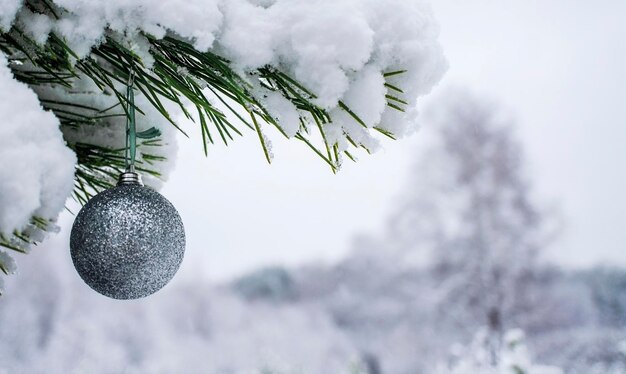 Fundo de Natal com bola prateada em galho de pinheiro coberto de neve no feriado de espaço de cópia da floresta de inverno