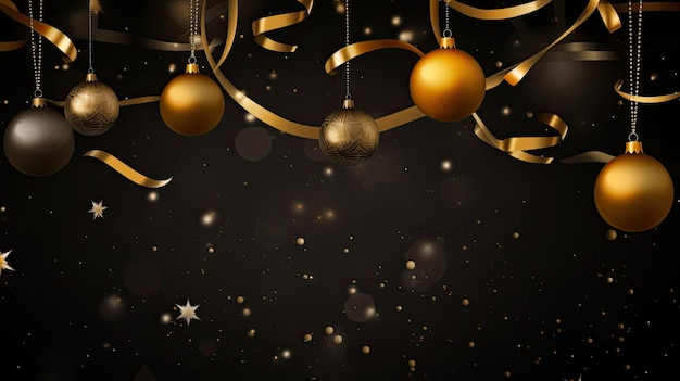 fundo de Natal com bolas douradas e pretas fitas e flocos de neve