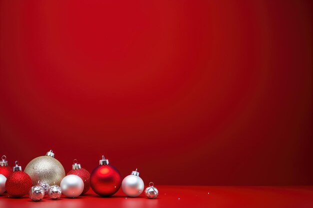 Fundo de Natal com bolas vermelhas e prateadas em um fundo vermelho com espaço de cópia