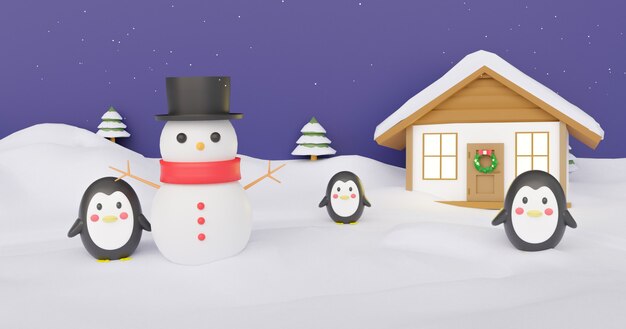 Fundo de natal com boneco de neve e amigos. renderização em 3d.