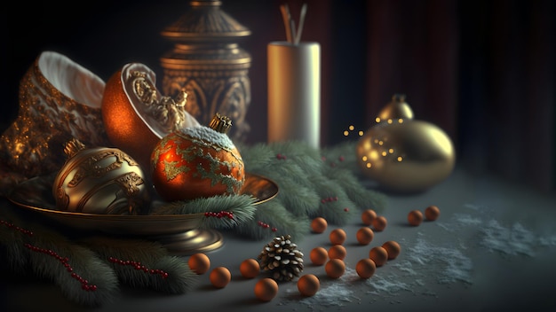 Fundo de natal com brinquedos de bola de natal vermelho ornamentados e cones de abeto com galho de árvore de abeto