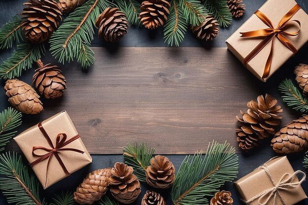 Fundo de Natal com caixas de presentes artesanais ramos de abeto e cones de pinheiro Cartão de saudação de férias de inverno com presente