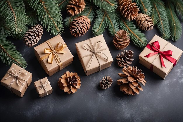 Fundo de Natal com caixas de presentes artesanais ramos de abeto e cones de pinheiro Cartão de saudação de férias de inverno com presente