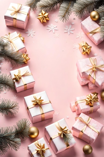 Foto fundo de natal com caixas de presentes árvore de abeto e neve em fundo rosa