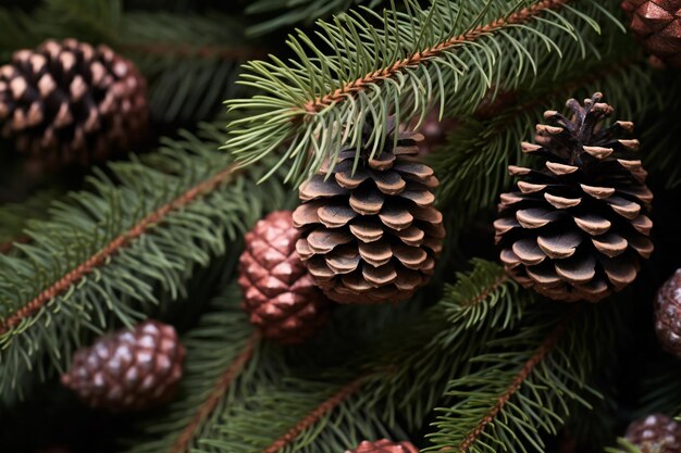 Fundo de Natal com cones de pinheiro e galhos de abeto em close-up