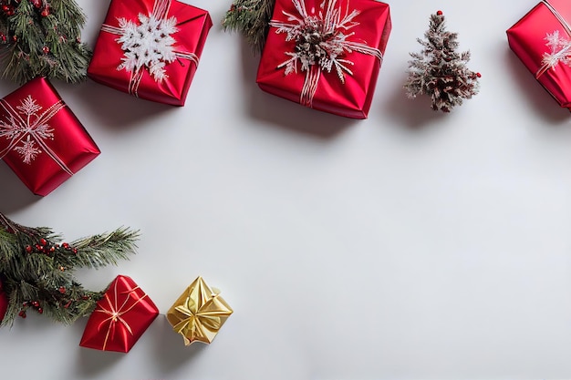 Fundo de natal com enfeites e caixas de presente em branco Copie a vista superior do espaço Ilustração digital