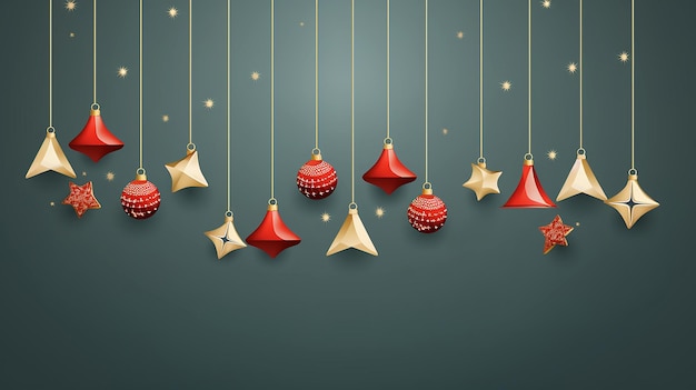Fundo de Natal com estrelas douradas e vermelhas e bolas guirlanda de Natal em fundo cinza