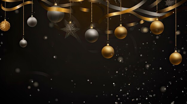 Fundo de Natal com fitas de bolas douradas e pretas e flocos de neve