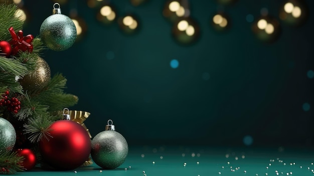 Fundo de Natal com galhos de abeto verde e bolas de Natal Vista frontal com espaço de cópia