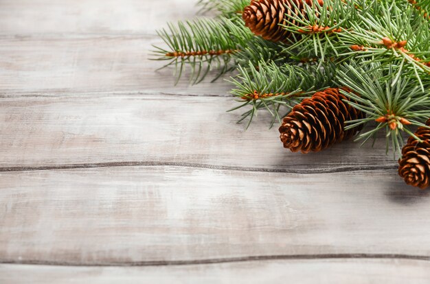 Fundo de Natal com galhos de pinheiro e cones.